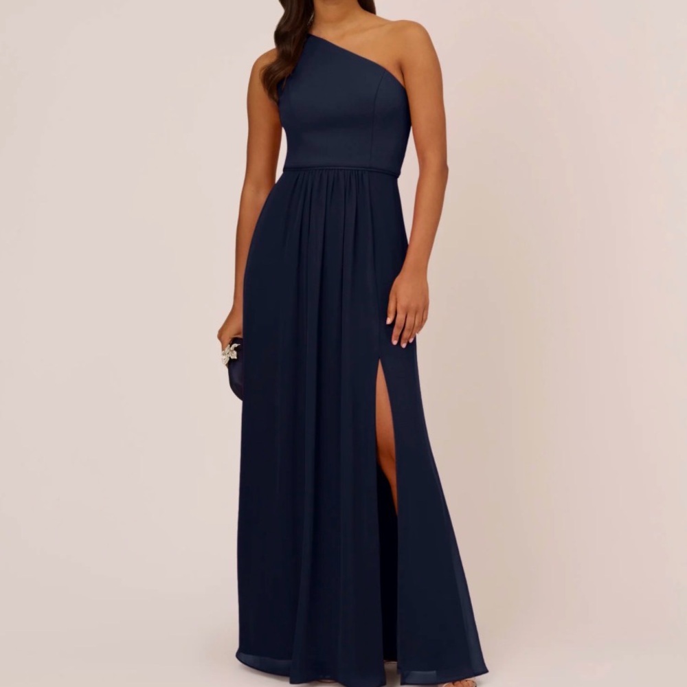 Adrianna Papell One Shoulder Chiffon Long Gown Midnight Blue, Size 10 NWT